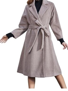 Elegant Taupe Wrap Coat with Belt - Women